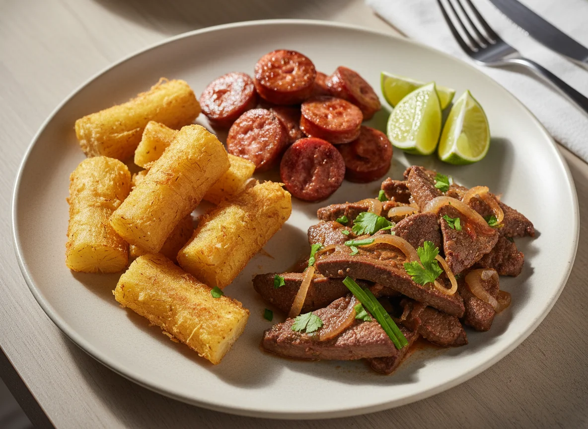 Fígado, linguiça e mandioca frita photo