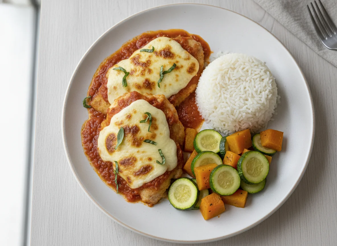 Filé à Parmegiana Assado com Arroz e Legumes photo