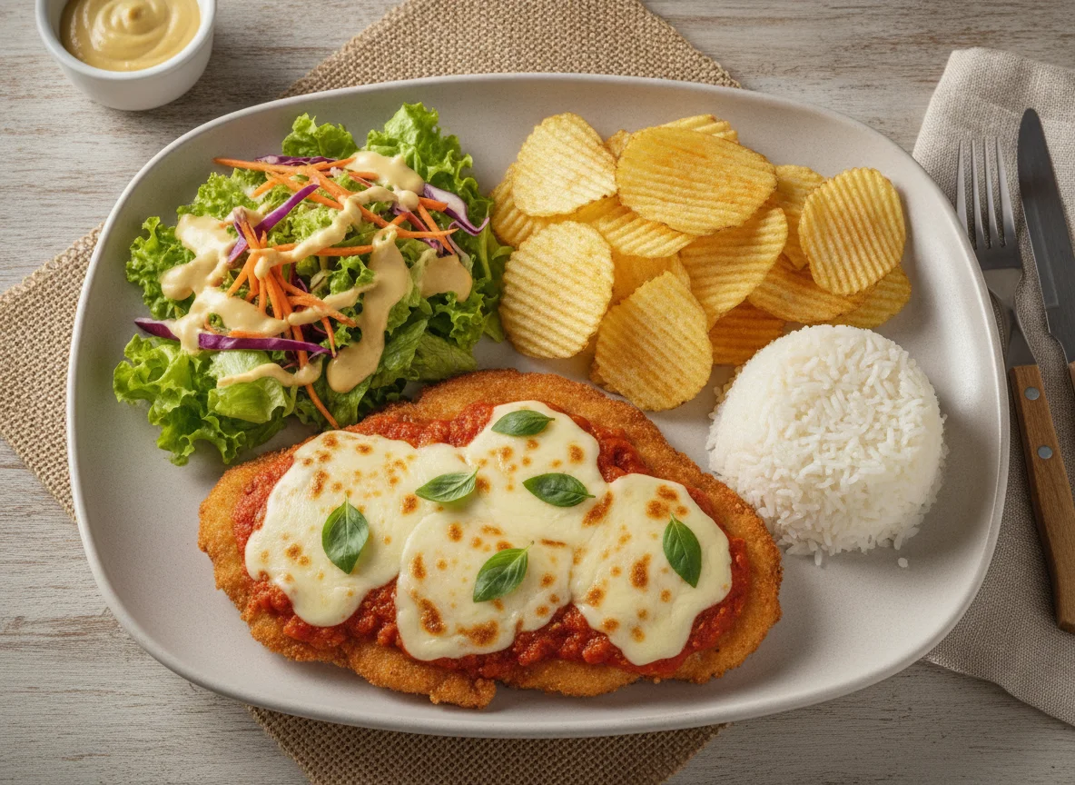 Filé à Parmegiana com Arroz, Batata Chips e Salada photo
