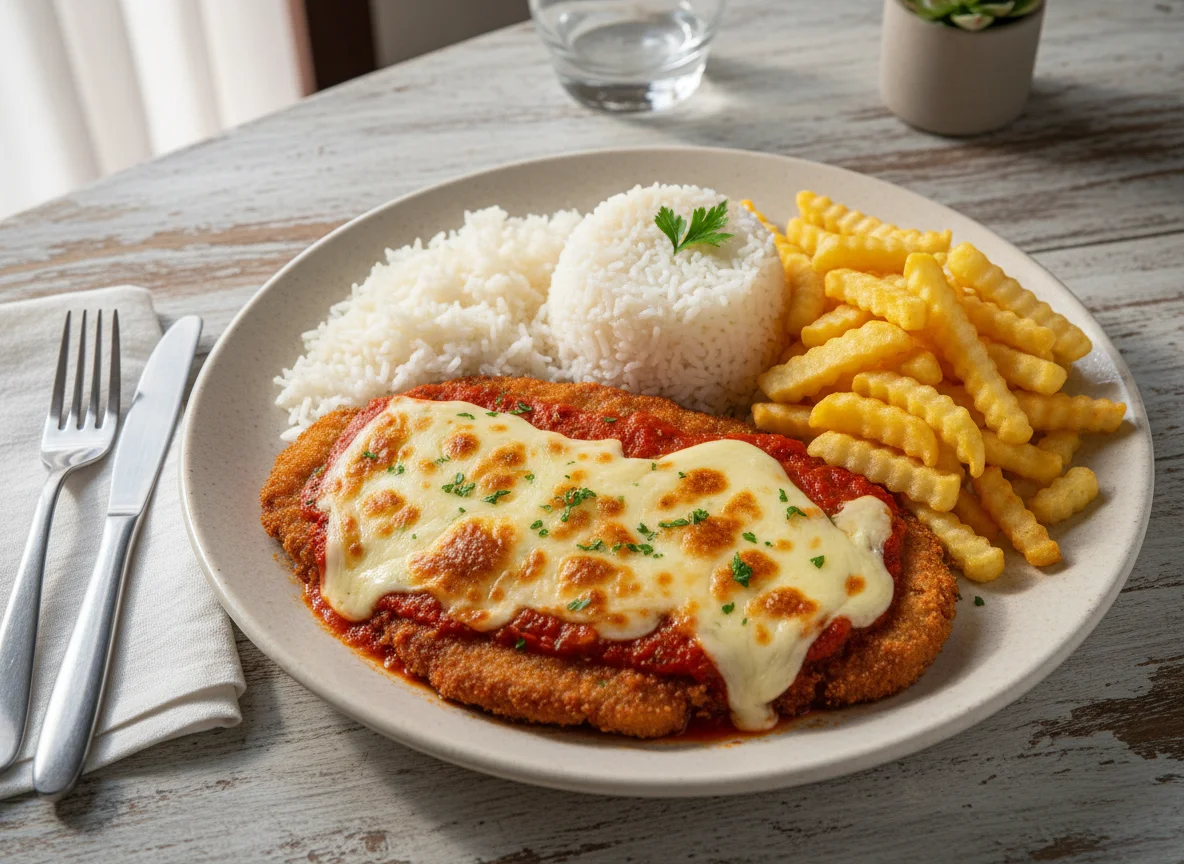 Filé à Parmegiana com Arroz e Batata Frita photo