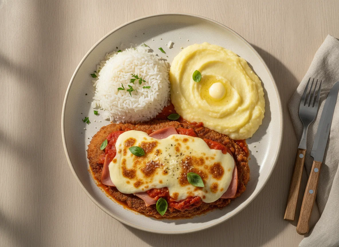 Filé à Parmegiana com Arroz e Purê de Batata photo
