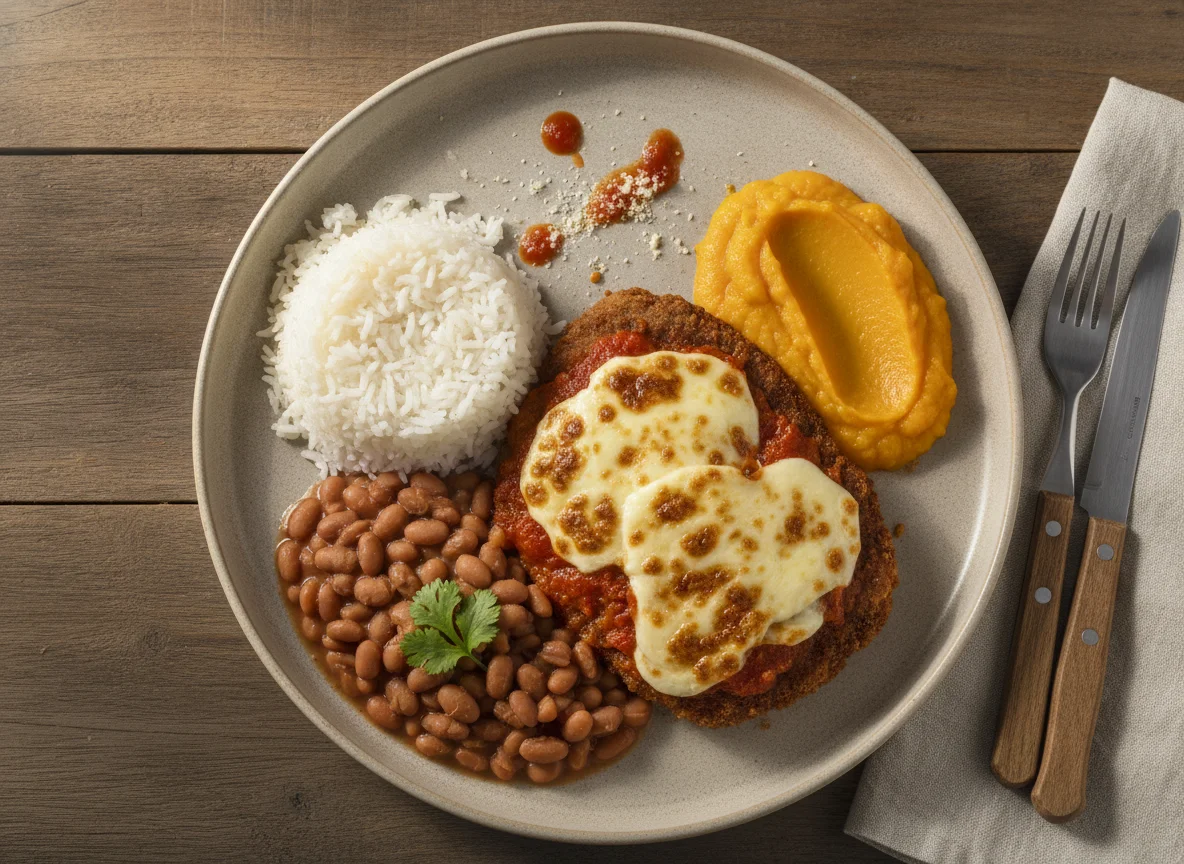 Filé à Parmegiana com Arroz, Feijão e Purê de Abóbora photo