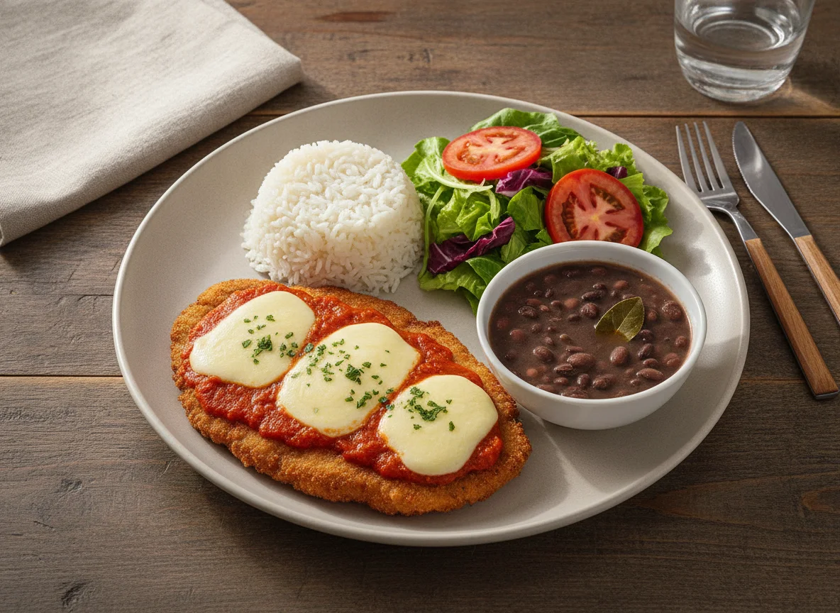 Filé à parmegiana com arroz, feijão e salada photo