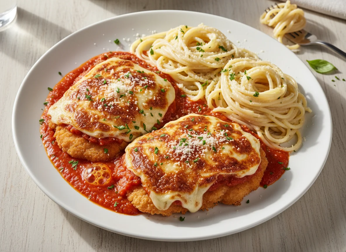 Filé à Parmegiana com Espaguete ao Molho Branco photo