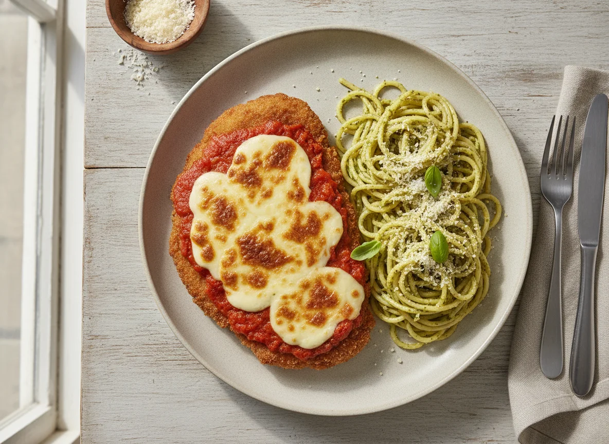 Filé à Parmegiana com Espaguete ao Pesto photo