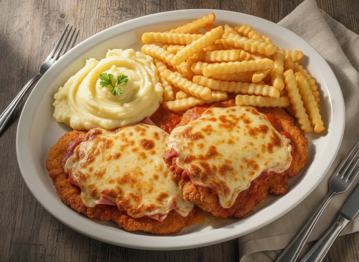 Filé à Parmegiana com Purê de Batata e Batata Frita photo