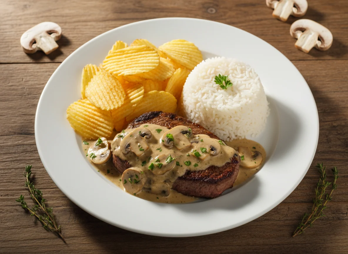 Filé ao molho com arroz e batata chips photo