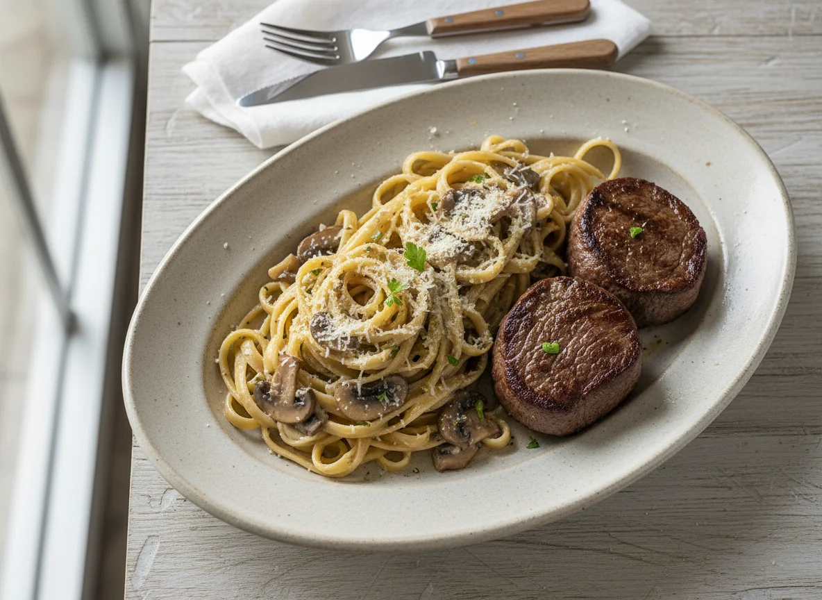 Filé com Fettuccine ao Molho de Cogumelos photo