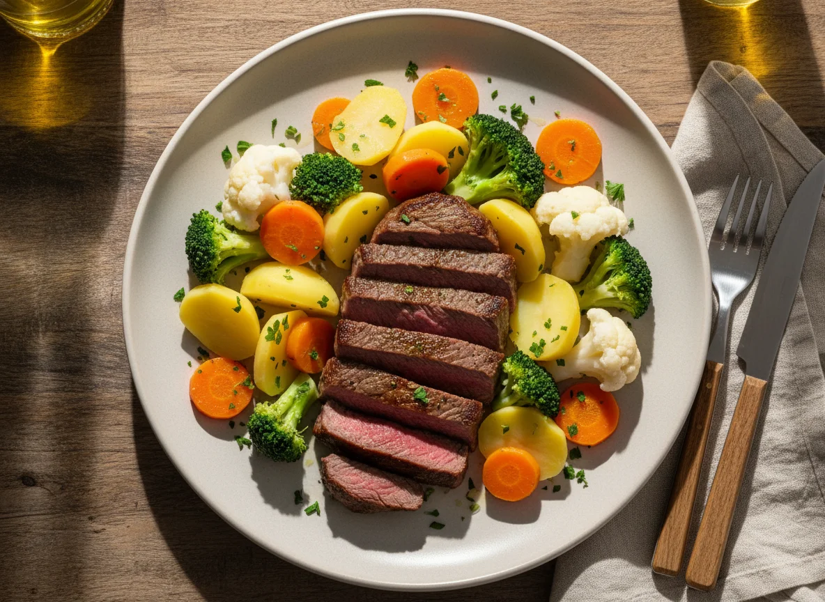 Filé com legumes cozidos photo