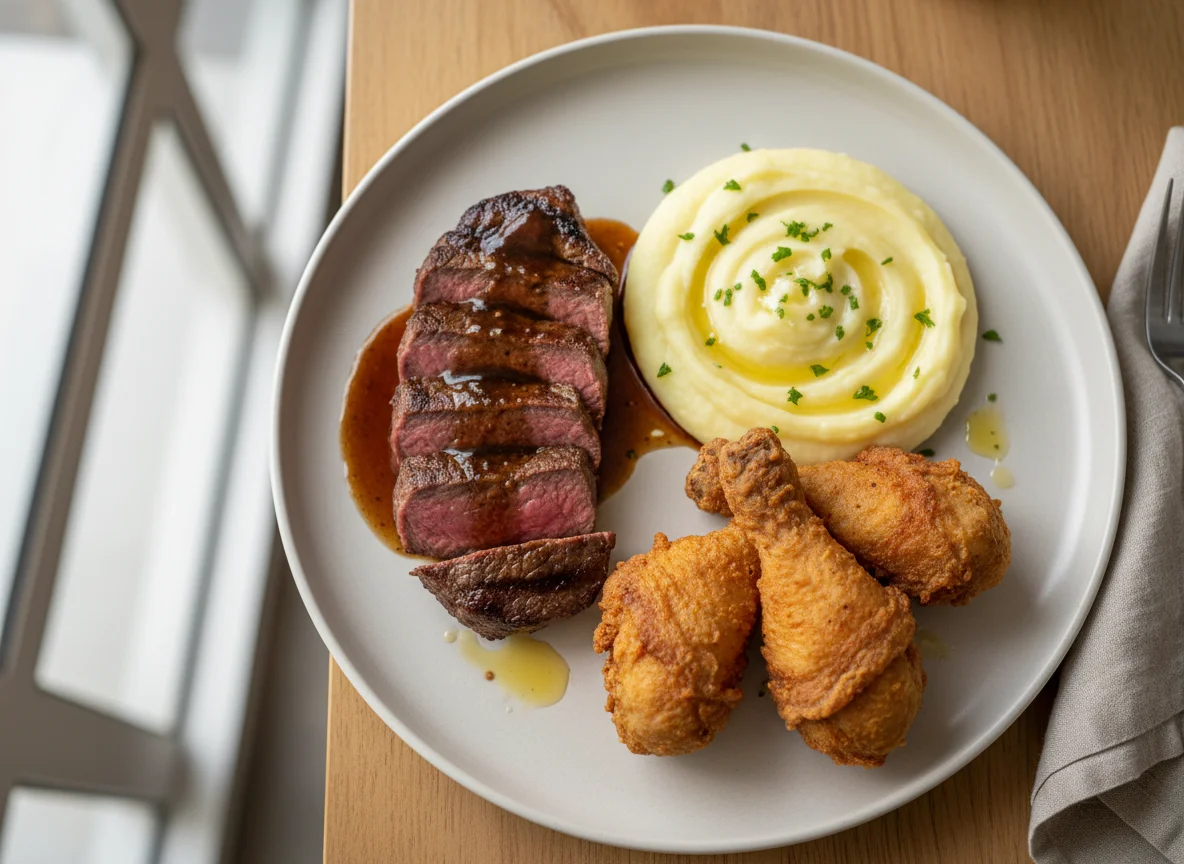 Filé com purê de batatas e frango frito photo