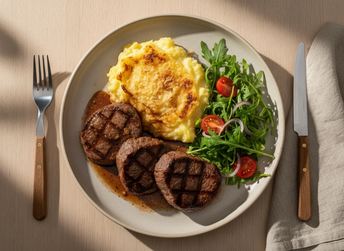Filé com purê gratinado e rúcula photo