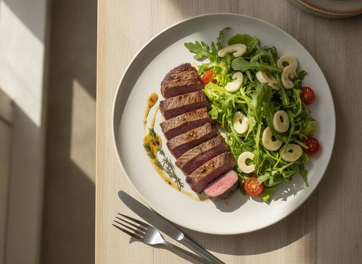 Filé de carne com salada mista e palmito photo