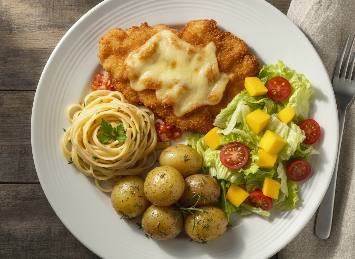 Filé de frango à milanesa com fettuccine, batatas e salada photo