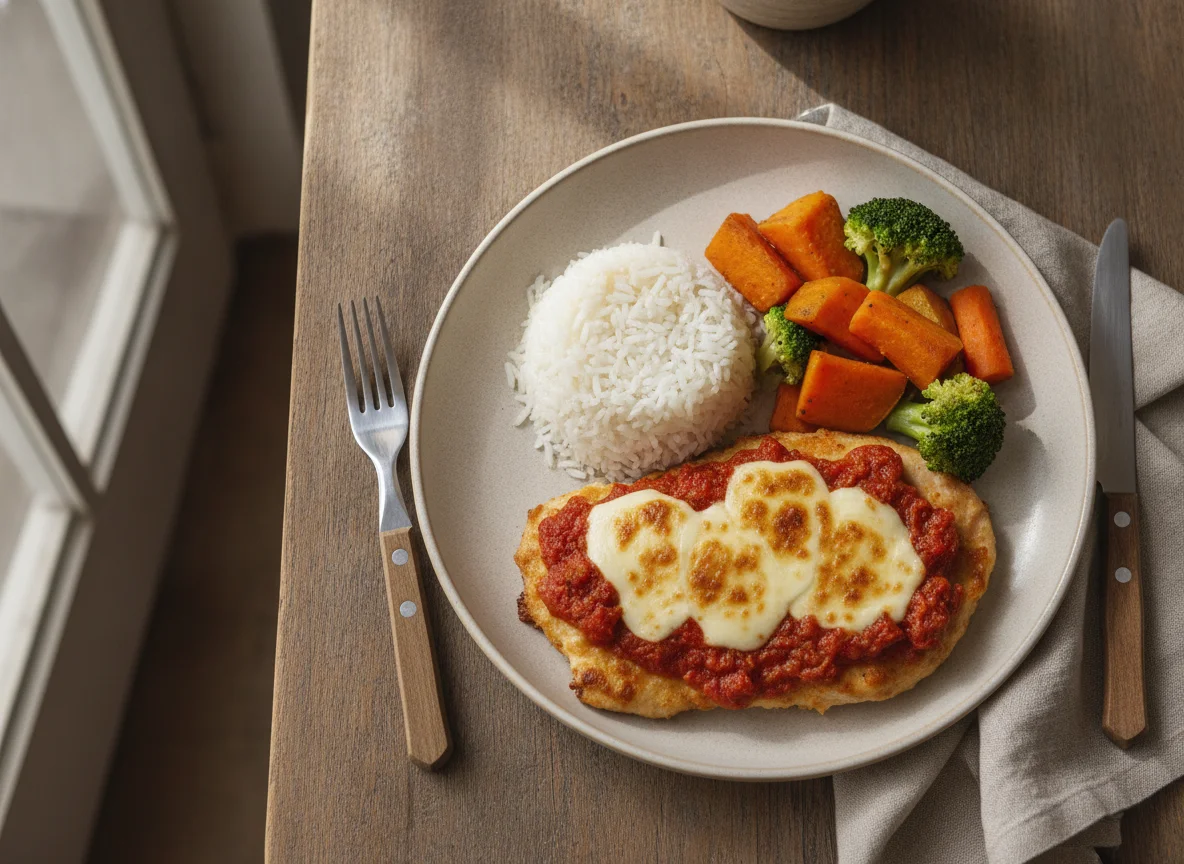 Filé de Frango à Parmegiana Assado com Arroz e Legumes photo