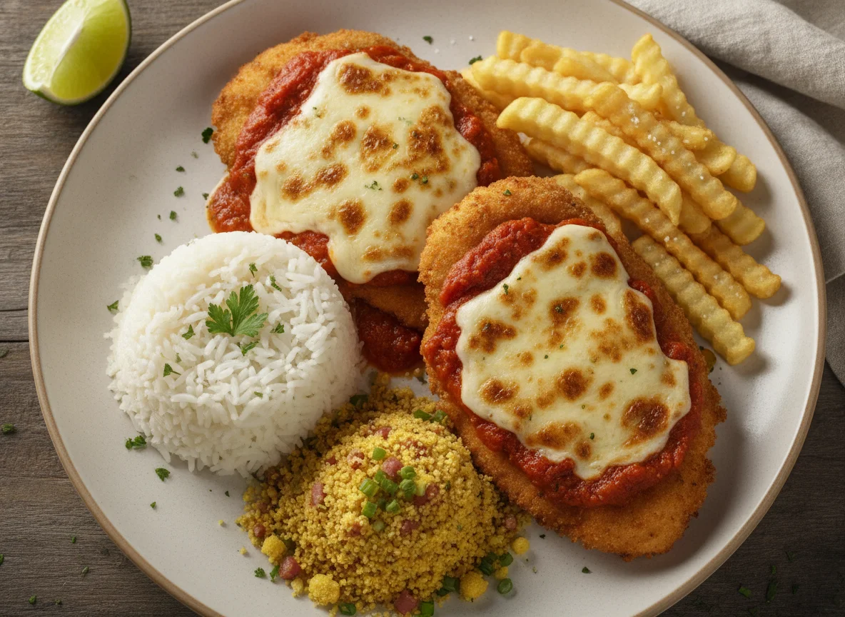 Filé de Frango à Parmegiana com Arroz, Batata Frita e Farofa photo