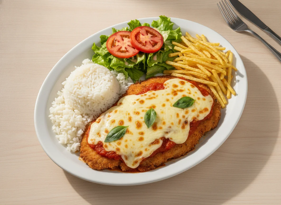 Filé de Frango à Parmegiana com Arroz, Batata Palha e Salada photo