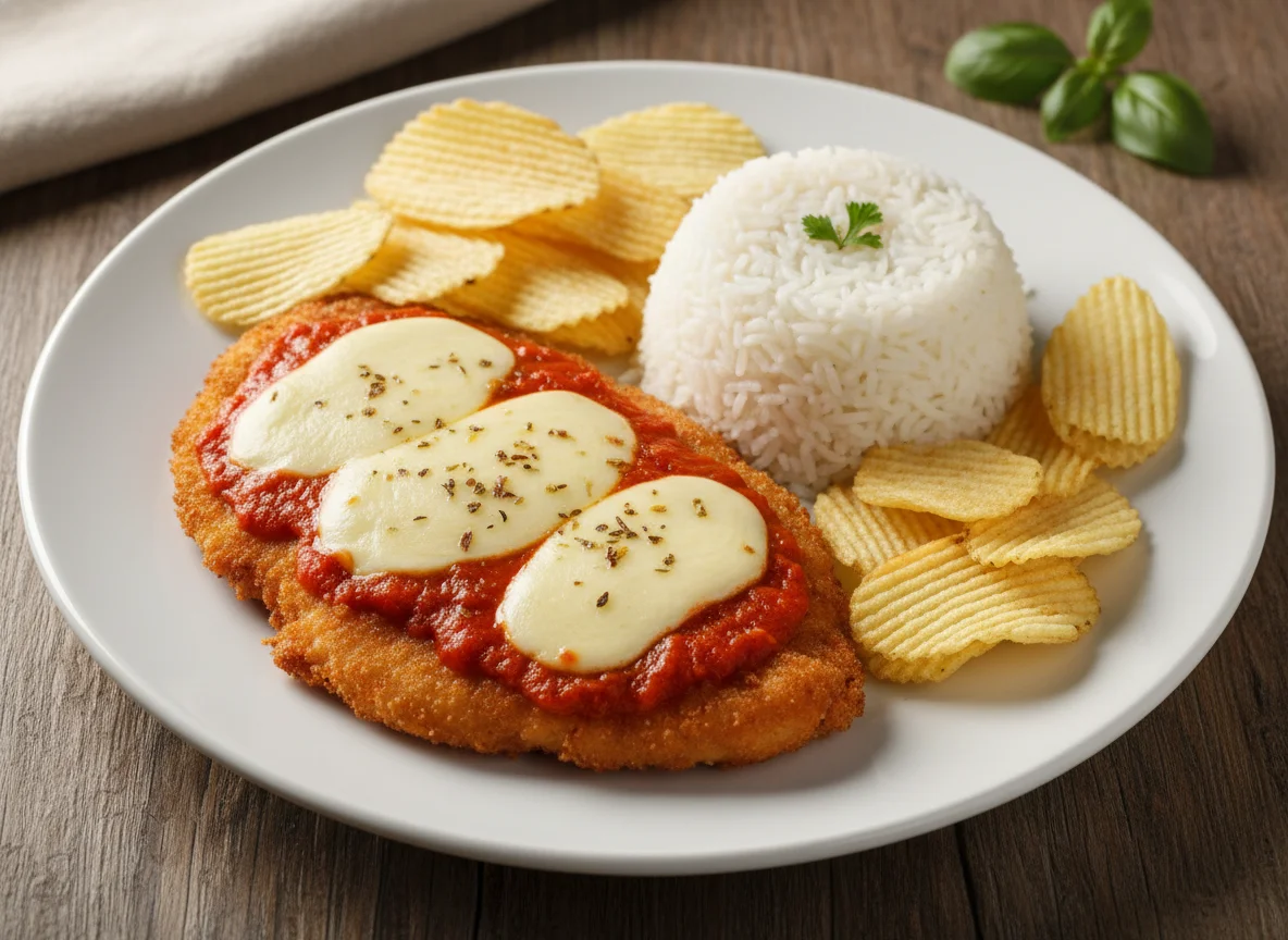 Filé de frango à parmegiana com arroz e batata chips photo