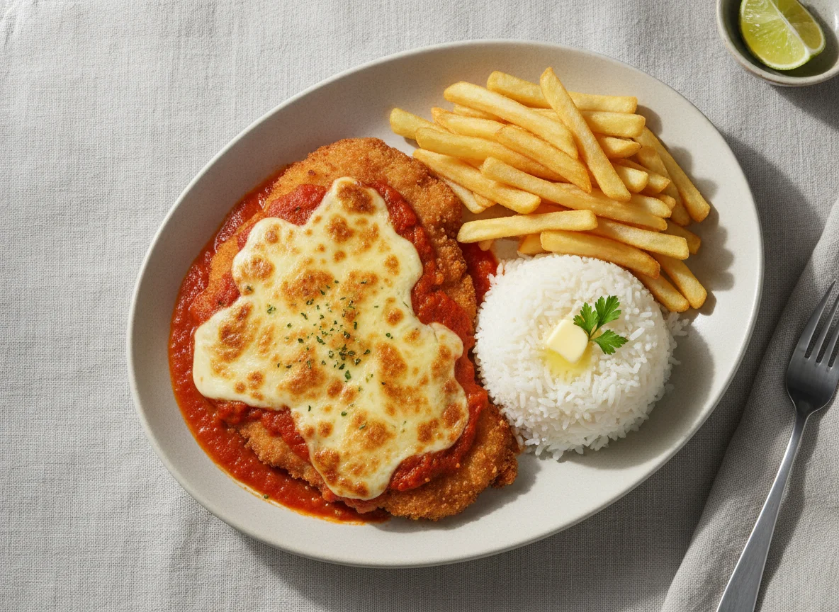Filé de Frango à Parmegiana com Arroz e Batata Frita photo