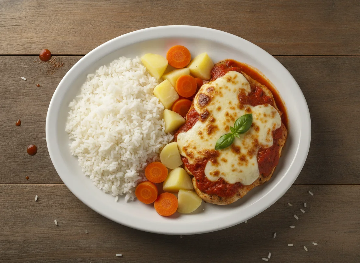 Filé de Frango à Parmegiana com Arroz e Legumes photo