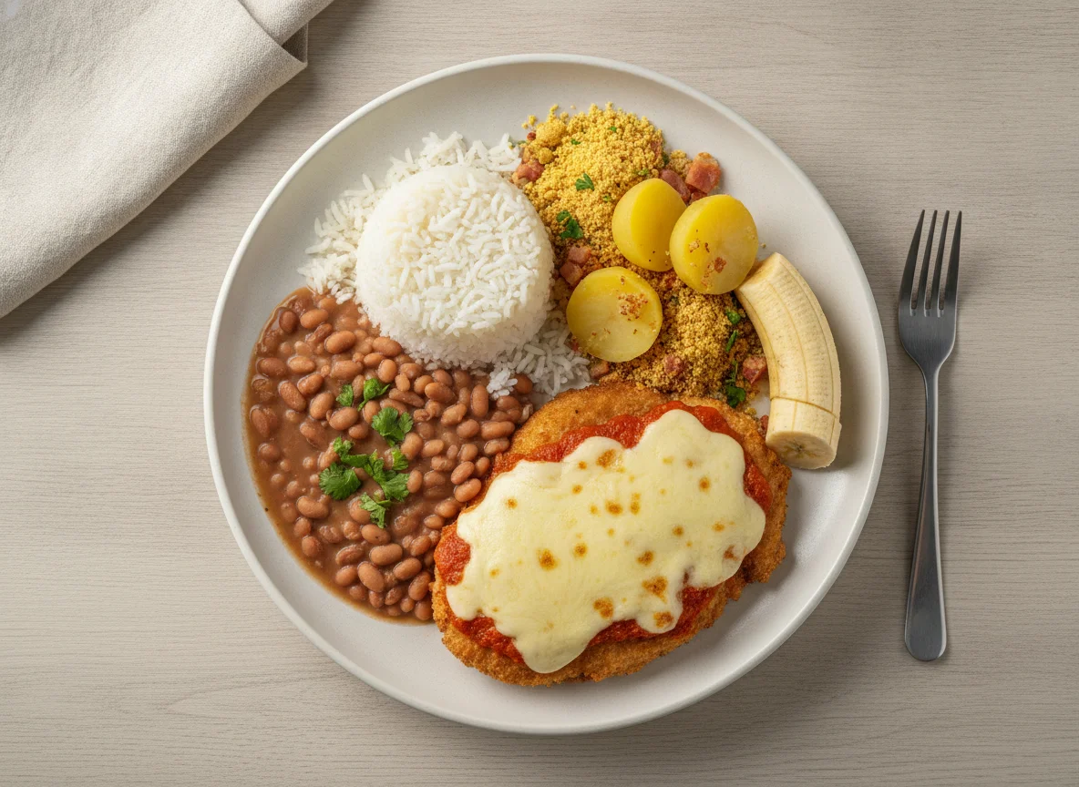 Filé de frango à parmegiana com arroz, feijão, farofa e banana photo