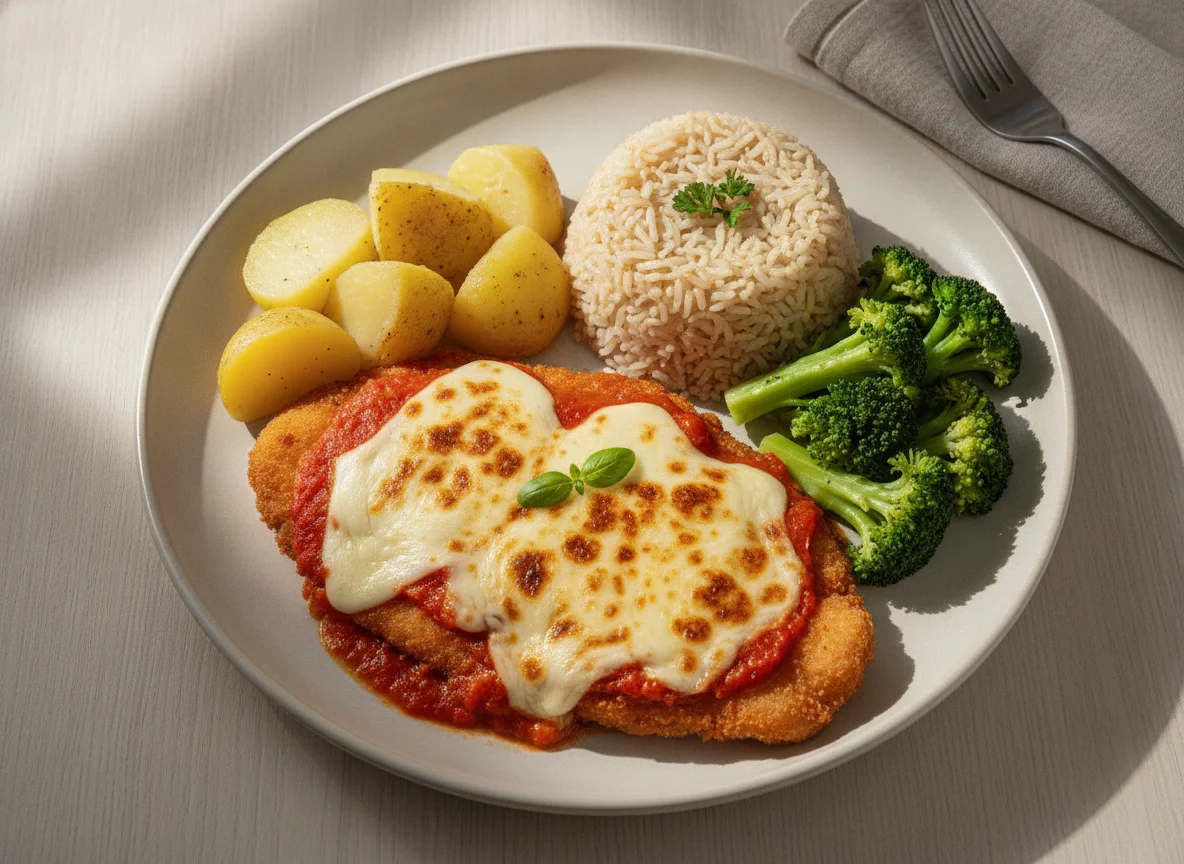 Filé de Frango à Parmegiana com Arroz Integral e Brócolis photo