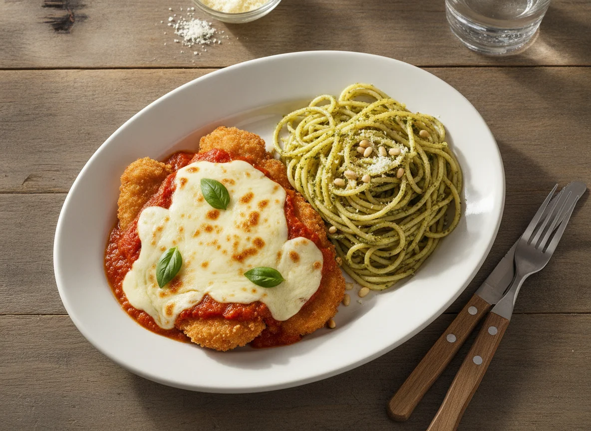 Filé de Frango à Parmegiana com Espaguete ao Pesto photo
