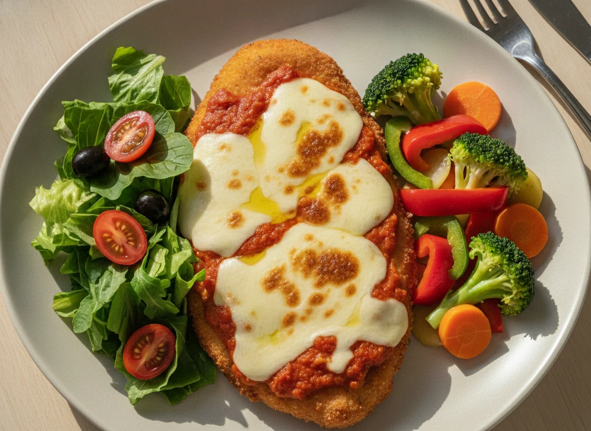 Filé de frango à parmegiana com legumes e salada photo