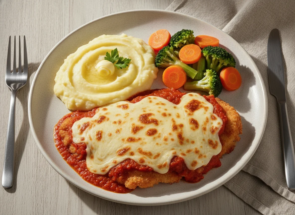 Filé de Frango à Parmegiana com Purê de Batata e Legumes photo