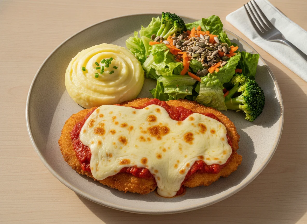Filé de Frango à Parmegiana com Purê de Batata e Salada photo