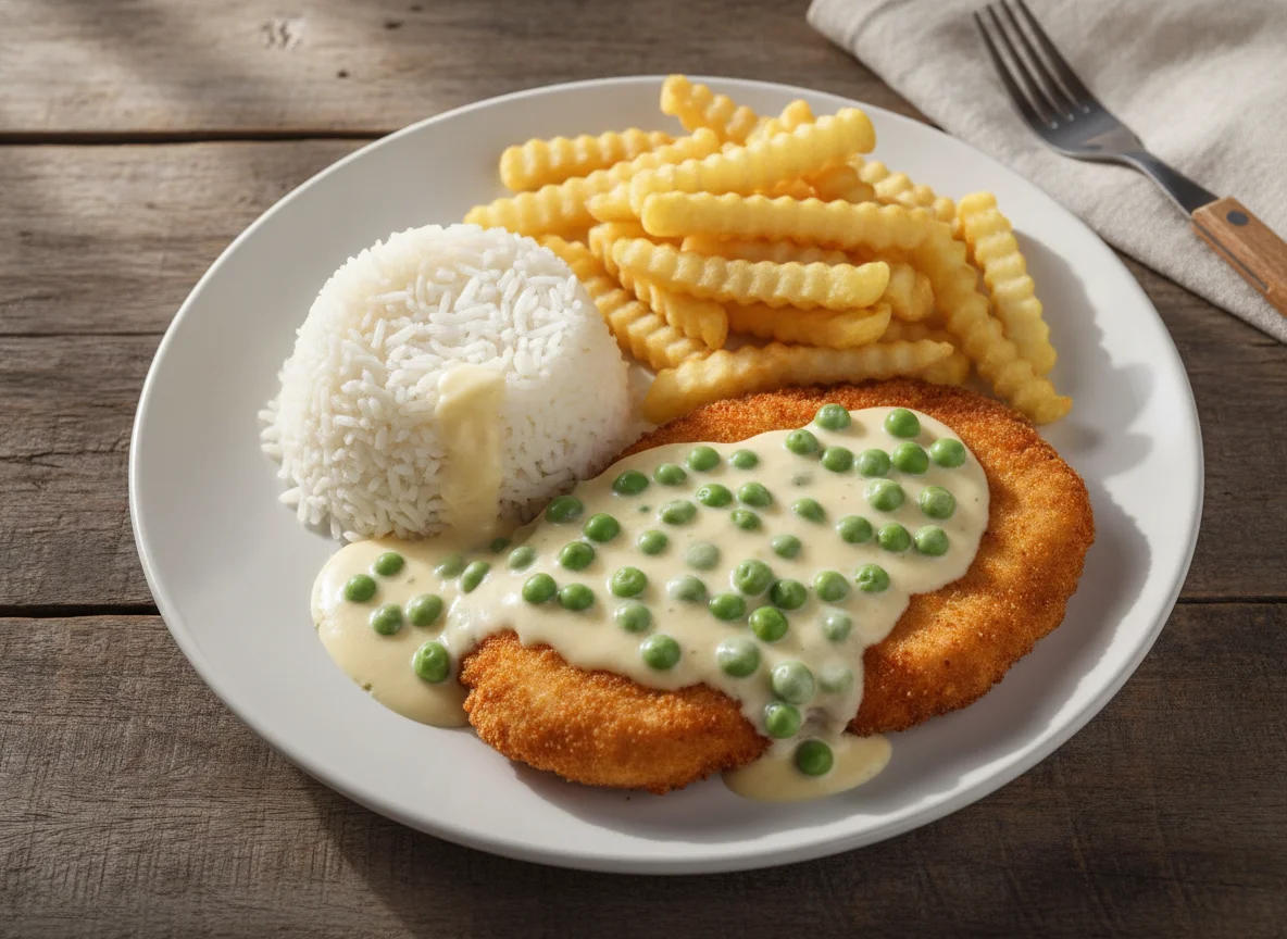 Filé de Frango ao Molho Branco com Arroz e Batata Frita photo
