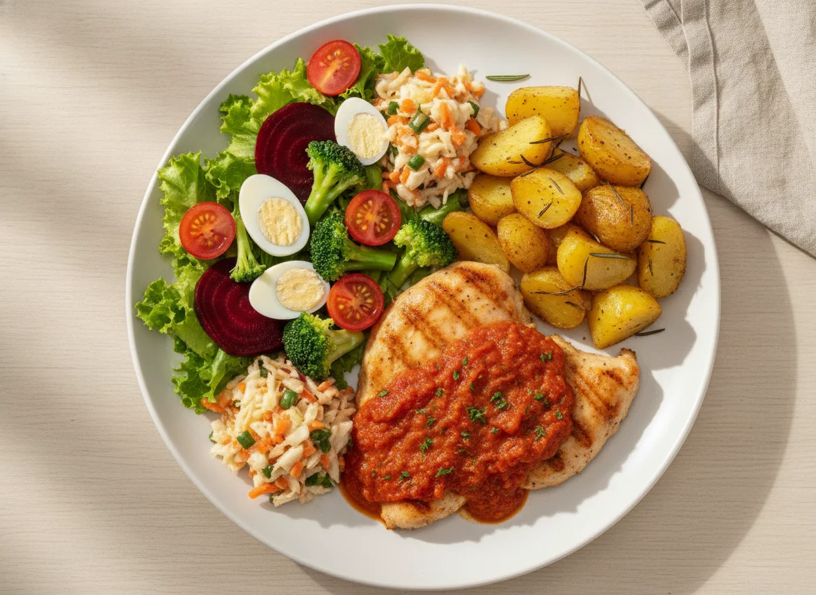 Filé de frango ao molho com batatas e salada mista photo