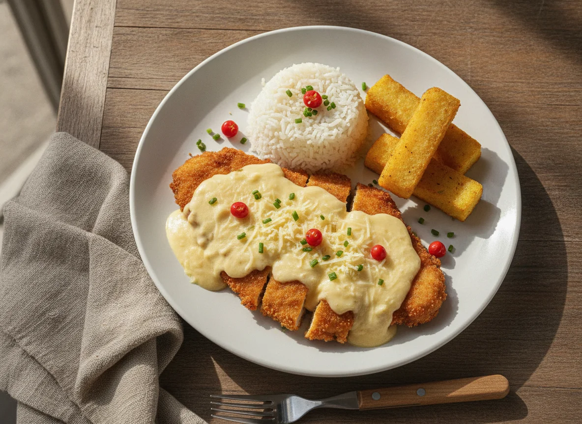 Filé de Frango ao Molho Quatro Queijos com Arroz e Polenta Frita photo