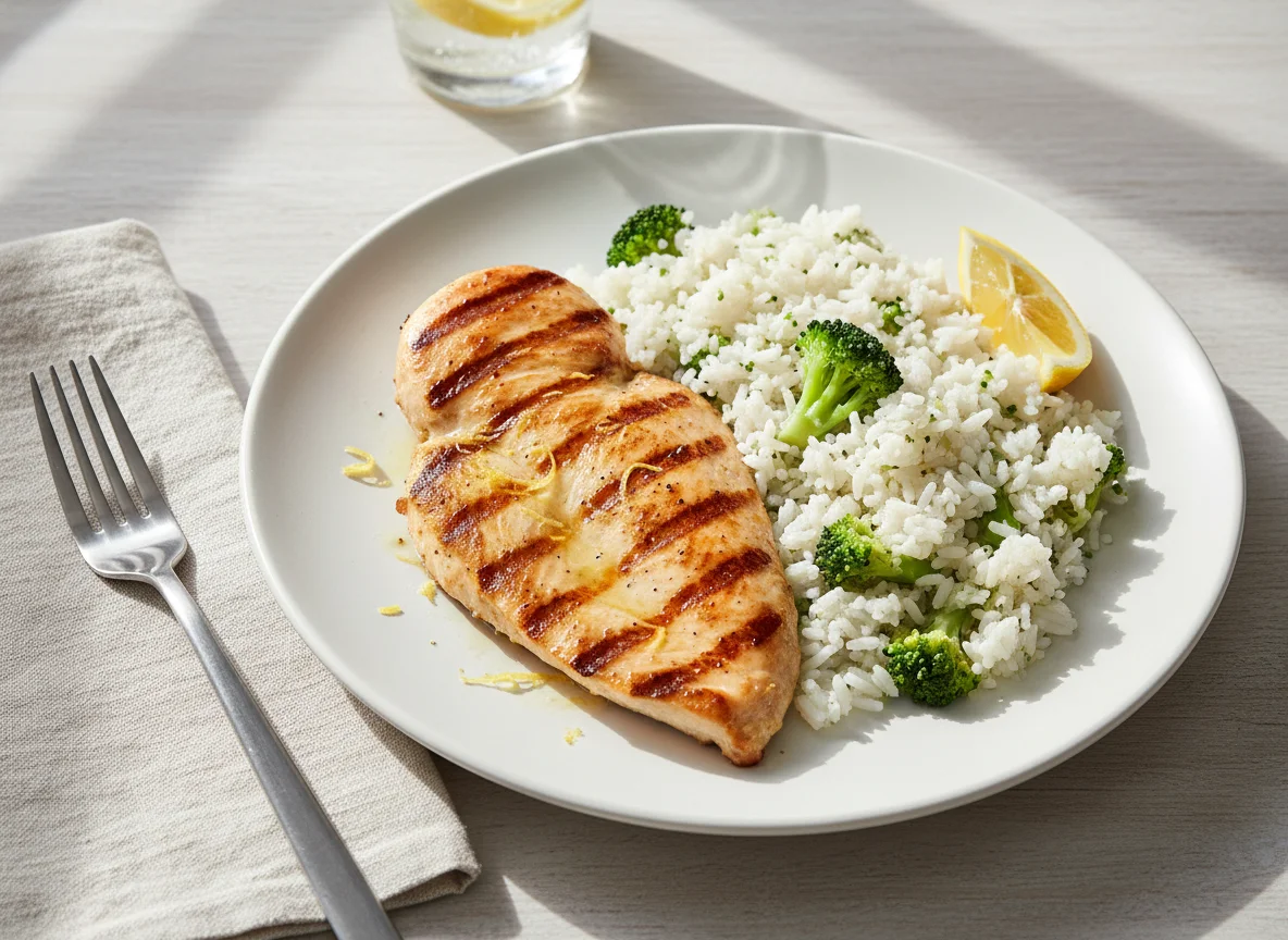 Filé de frango com arroz de brócolis photo