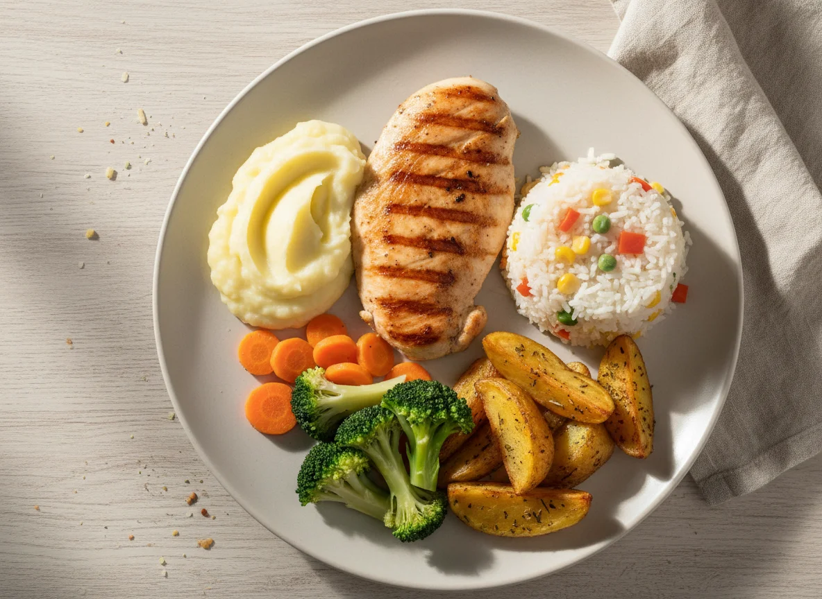 Filé de frango com arroz, purê e vegetais photo
