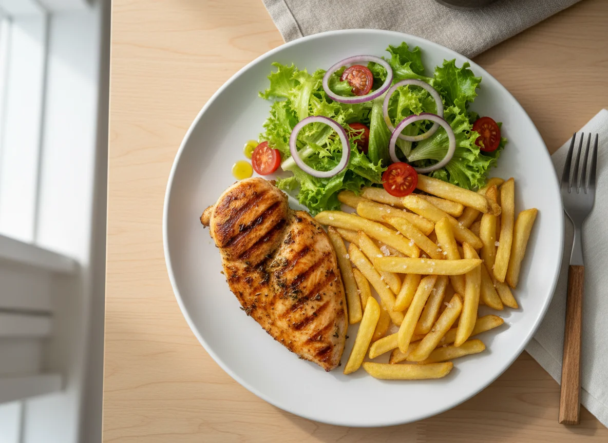 Filé de frango com batata frita e salada photo