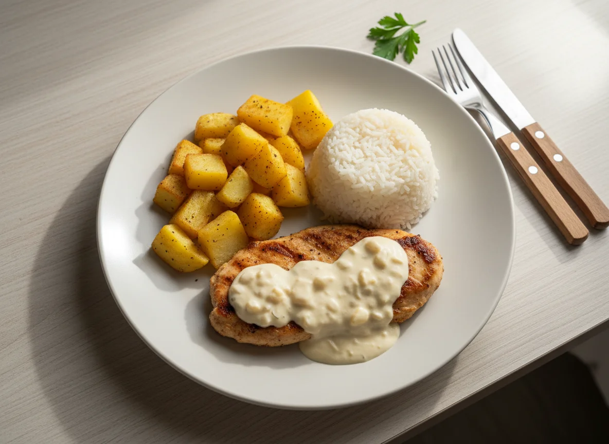 Filé de frango com batata rústica e arroz photo