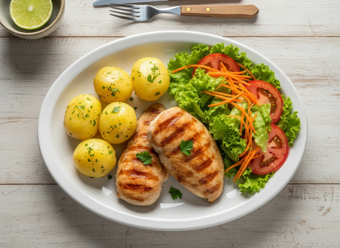 Filé de frango com batatas e salada photo