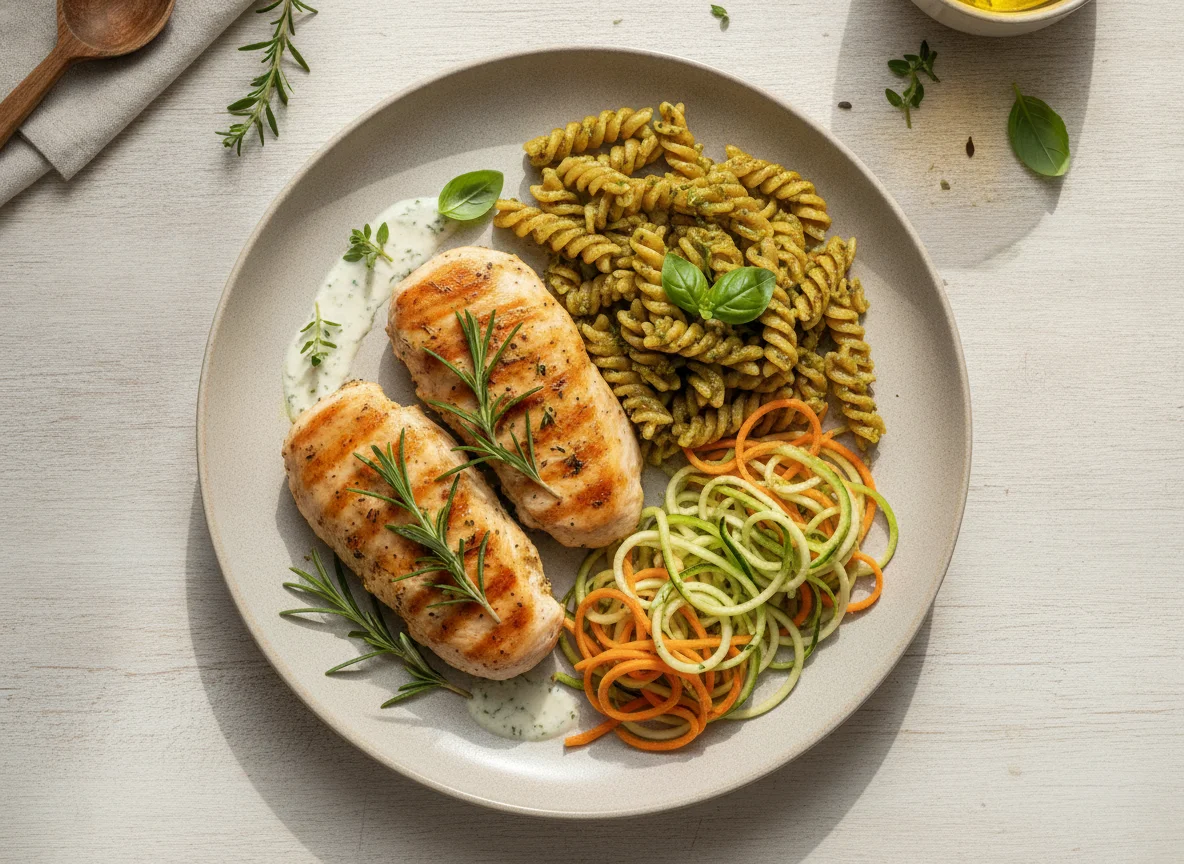 Filé de frango com ervas, macarrão integral ao pesto e duo de fios photo