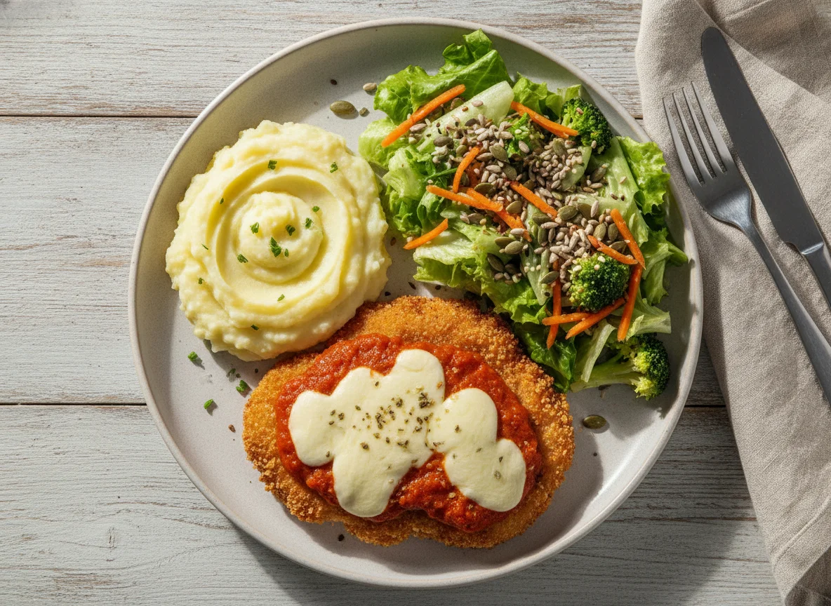 Filé de frango com farinha de arroz na airfryer com purê e salada photo