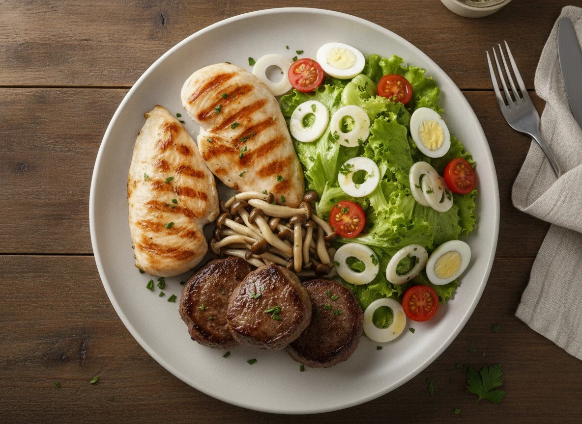 Filé de Frango com Filé Mignon, Cogumelos e Salada photo