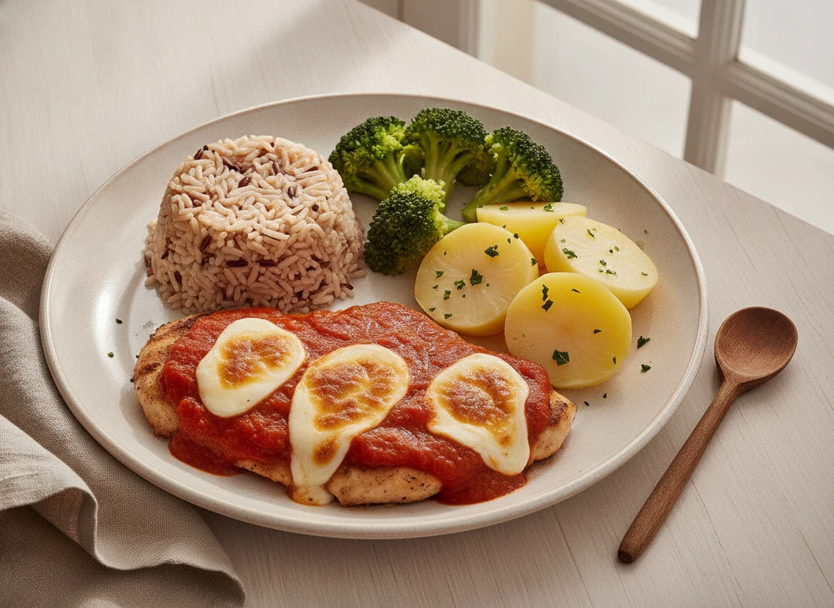 Filé de frango com molho de tomate e queijo photo