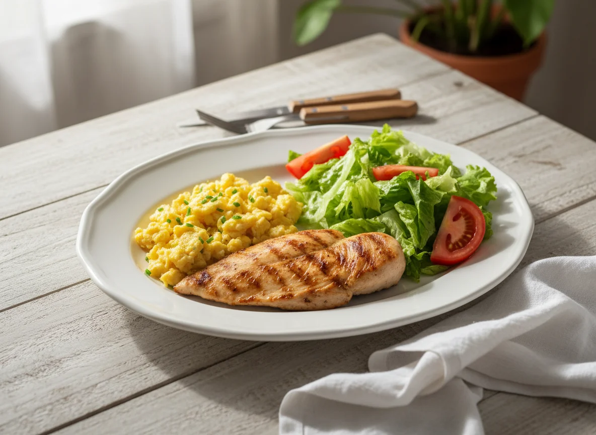 Filé de frango com ovos e salada photo