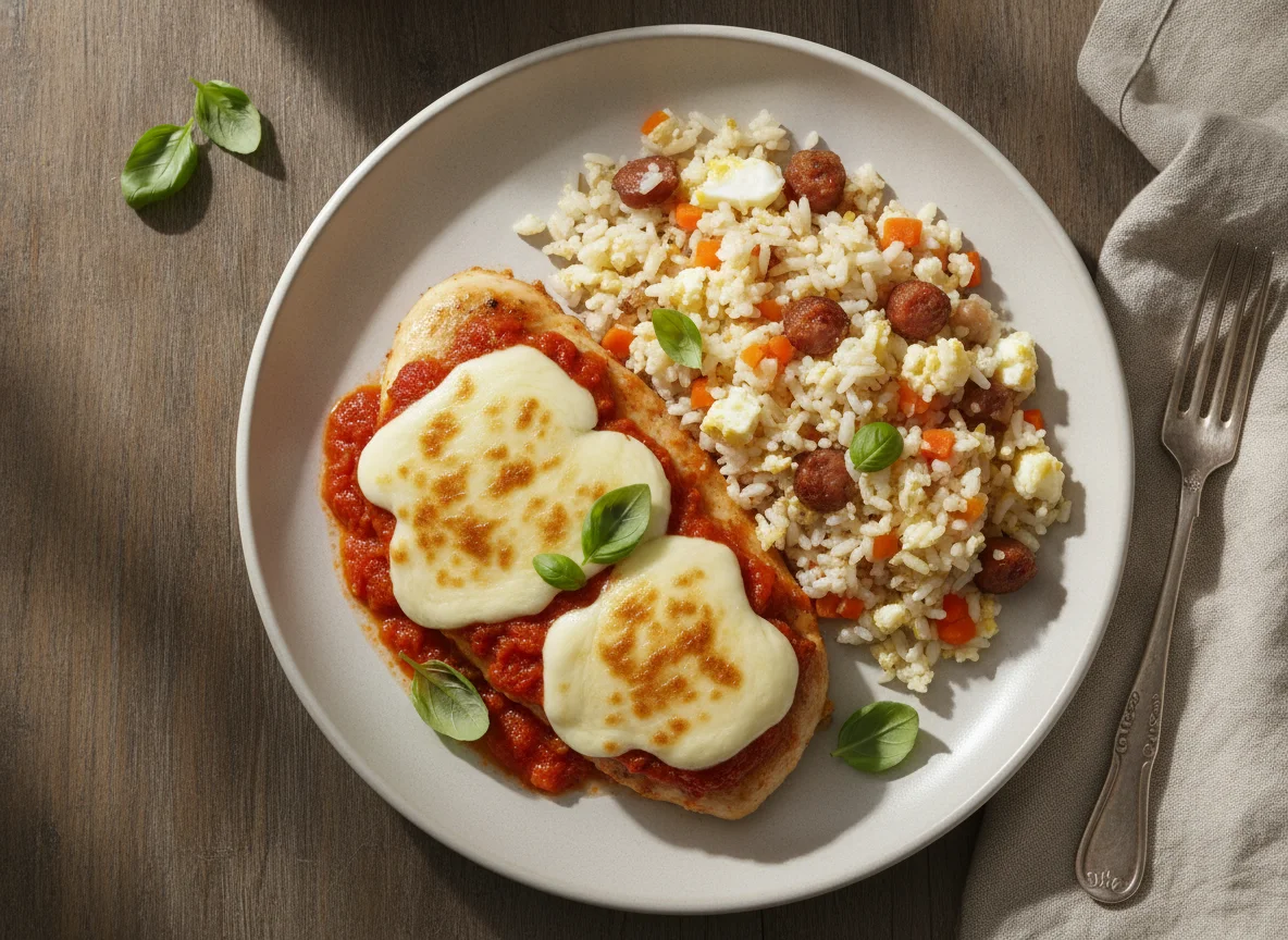 Filé de frango com queijo e arroz mexido photo