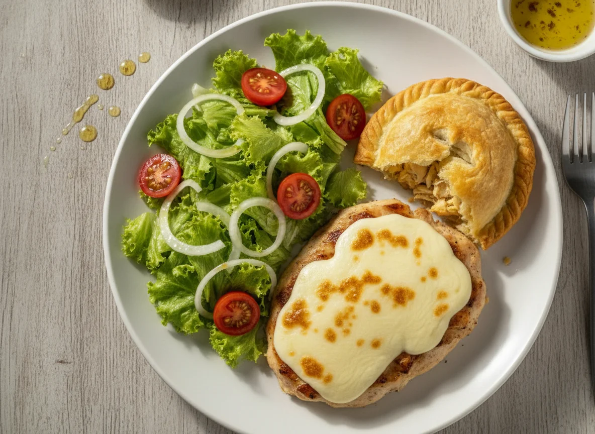 Filé de frango com queijo, empada e salada photo