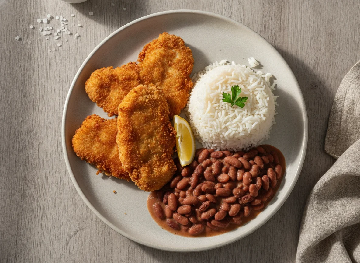 Filé de frango empanado com arroz e feijão photo