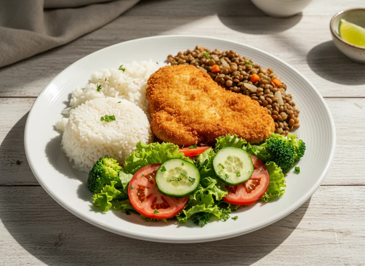 Filé de frango empanado com arroz, lentilha e salada photo