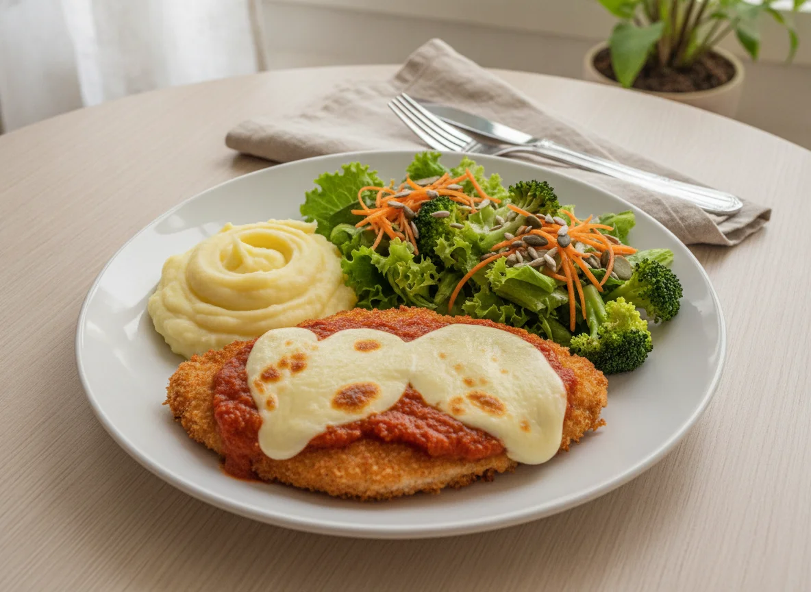 Filé de frango empanado com purê e salada photo