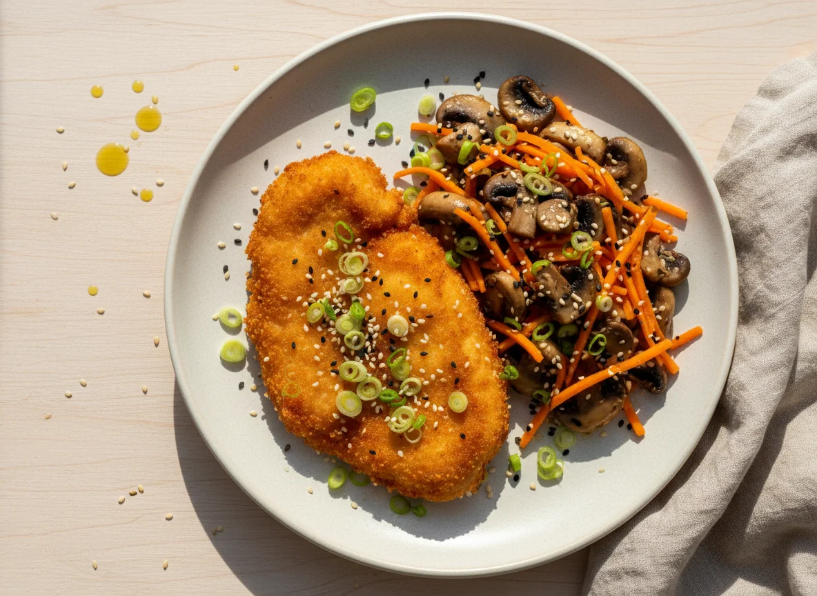 Filé de frango empanado com salada de cogumelos e cenoura photo