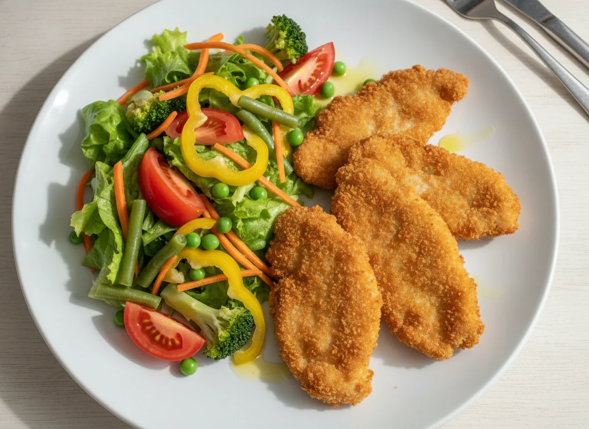 Filé de frango empanado com salada mista photo