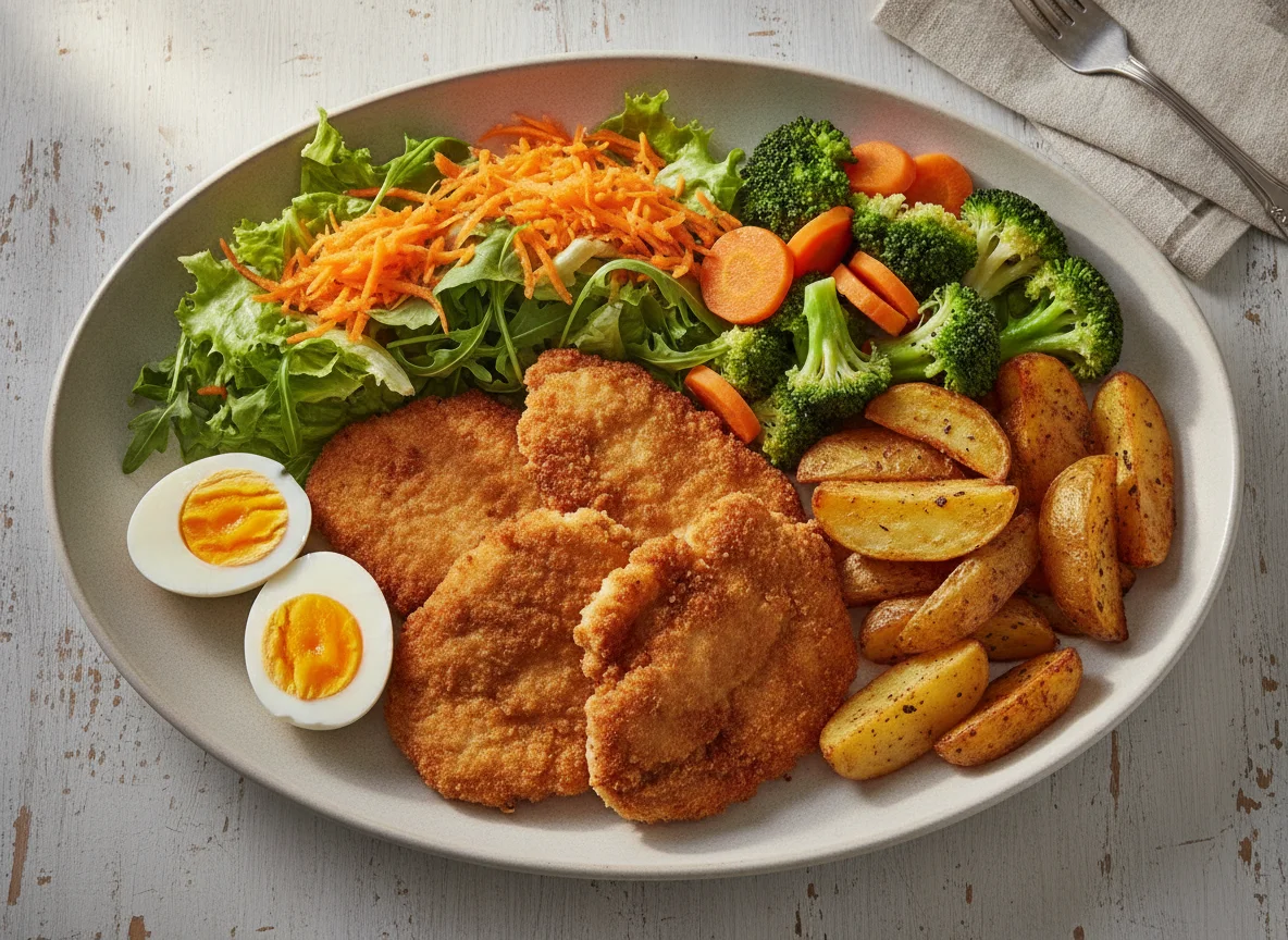 Filé de frango empanado com salada, ovos e legumes photo